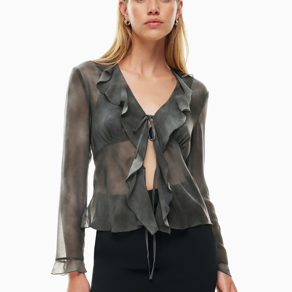 Aritzia Wilfred Sheer Frenchy Gray Blouse with tie front and ruffles